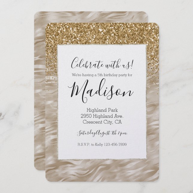 Convite Impressão de Zebra - Falsa Glitter Dourada (Frente/Verso)