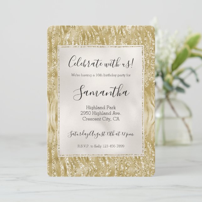 Convite Impressão de Zebra Glitzy Confete Brilho Dourado (Em pé/Frente)