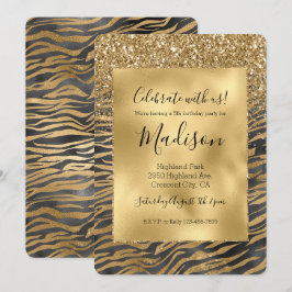 Convite Impressão de Zebra Minúscula Glitzy Preta Dourada