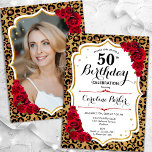 Convite Impressão do Leopard Foto Branca Dourada 50º Anive<br><div class="desc">Elegante convite de 50 anos femininos com sua foto na parte de trás do cartão. Design de vidro com impressão de leopardo animal e ouro brilhante falso. Apresenta rosa vermelha, fonte de script e confetti. Perfeito para uma festa de comemoração de na moda adulto. Personalize com seus próprios detalhes. Pode...</div>