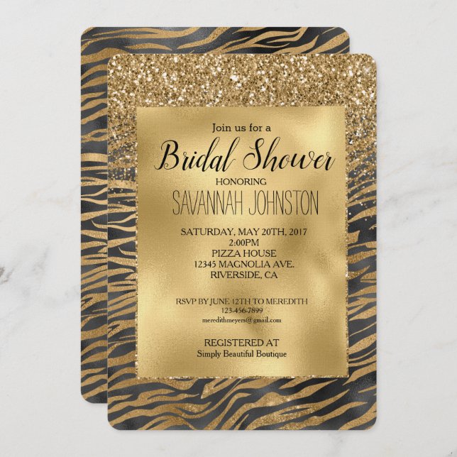 Convite Impressão do Sparkle Zebra Preto Dourado com brilh (Frente/Verso)