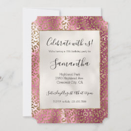 Convite Impressão Dourada Glam Leopardo Cor-de-rosa-Chic