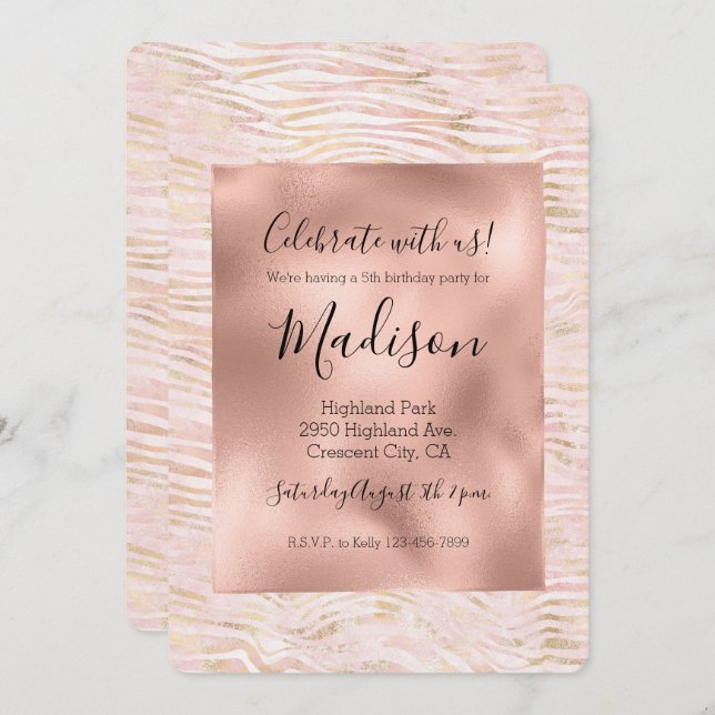 Convite Impressão Dourada Zebra com Glama Rosa Esbranquiça (Frente/Verso)