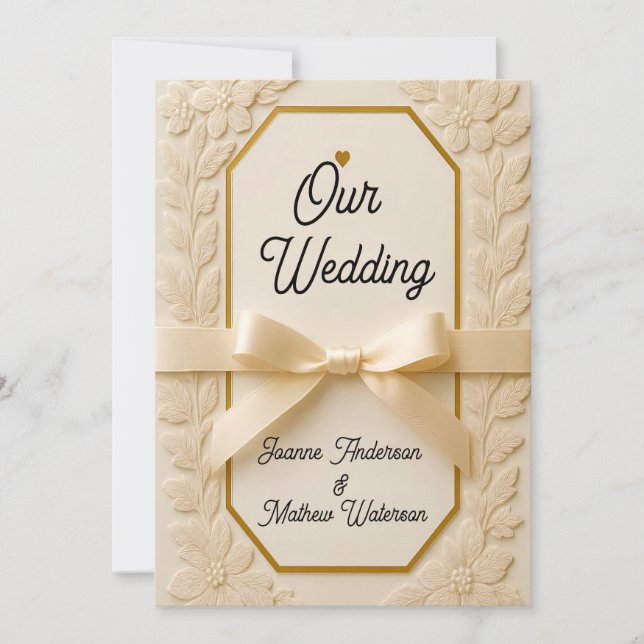 Convite Impressão em Tela de Casamento Creme e Dourado – M (Frente)