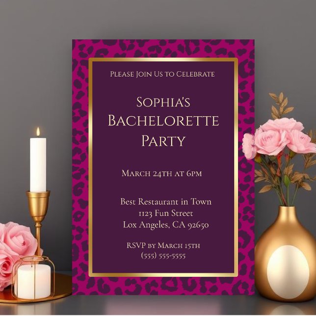 Convite Impressão festa de solteira-Leopardo - Magenta- (Bachelorette Party-Leopard Pattern-Magenta- Invitation)