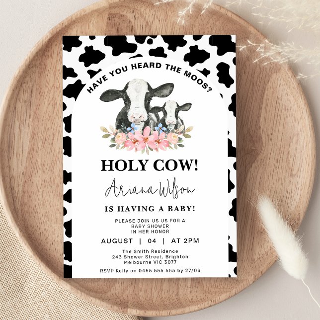 Convite Impressão Floral Santa Chá de fraldas de Vaca Negr (Cow Print Holy Cow Baby Shower Invitation,  Black White Cow Print, Floral Holy Cow Baby Shower )