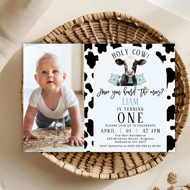 Convite Impressão Foto de de Vaca Azul Floral Santa primei (Boy's Holy Cow 1st Birthday Invitation Template, Photo Cow Themed Birthday Invitation, Cow Print)