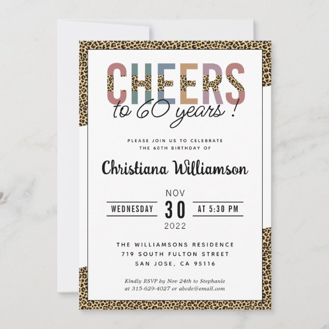 Convite Impressão Leopard da 60ª Festa de aniversário mode (Frente)