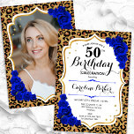 Convite Impressão Leopard Impressão Real Azul Foto 50º Ani<br><div class="desc">Elegante convite de 50 anos femininos com sua foto na parte de trás do cartão. Design de vidro com impressão de leopardo animal e ouro brilhante falso. Apresenta rosas azuis reais de safira, fonte de script e confetti. Perfeito para uma festa de comemoração de na moda adulto. Personalize com seus...</div>