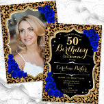 Convite Impressão Leopard Impressão Real Azul Foto 50º Ani<br><div class="desc">Elegante 50º convite de aniversário com sua foto no fundo do cartão. Design azul real preto de vidro com uma impressão de leopardo animal e ouro brilhante. Apresenta rosas azuis de safira, fonte de script e confetti. Perfeito para uma festa de comemoração de na moda adulto. Personalize com seus próprios...</div>