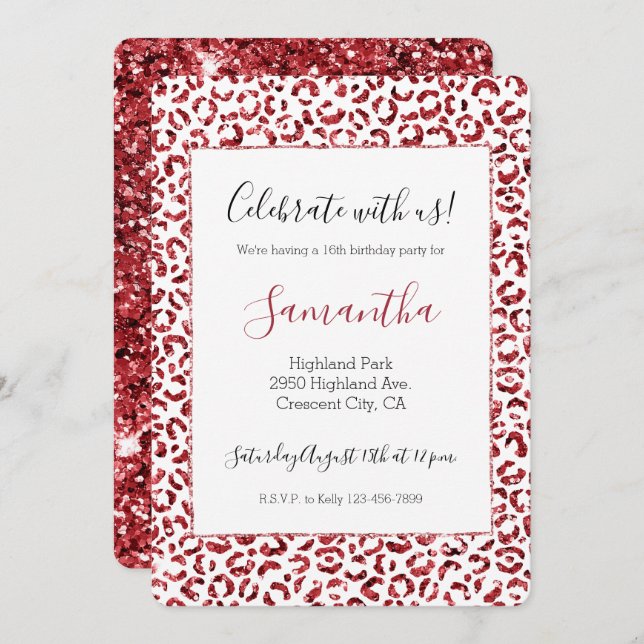 Convite Impressão Leopardo com brilho vermelho (Frente/Verso)