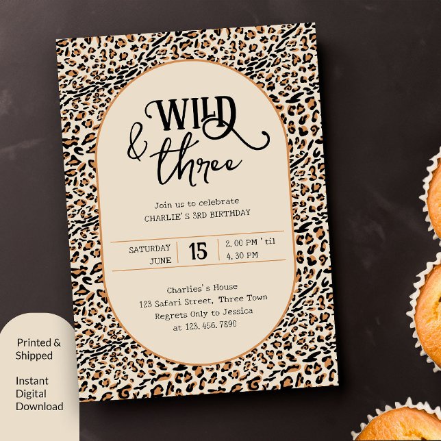 Convite Impressão natural e três leopardo - aniversário de (Wild and Free 3rd Birthday Invitation with leopard print)