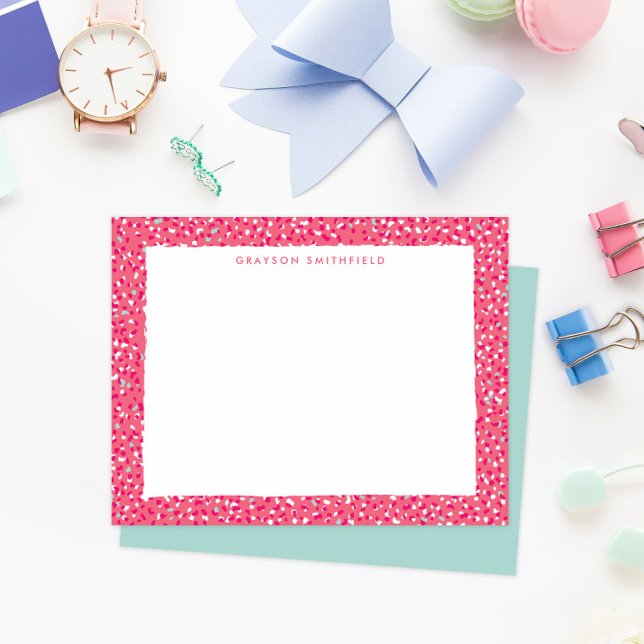 Convite Impressão Pessoal de Leopardo-da-Neve Rosa-Quente (fun colorful hot pink and aqua blue leopard print border frame personal stationery note cards)