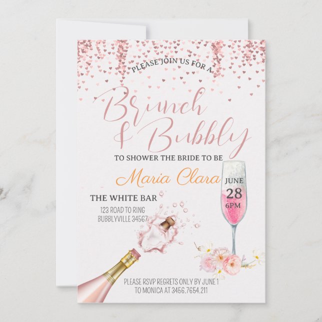 Convite Imprimível - Brunch & Bubbly Champanhe Rosado (Frente)
