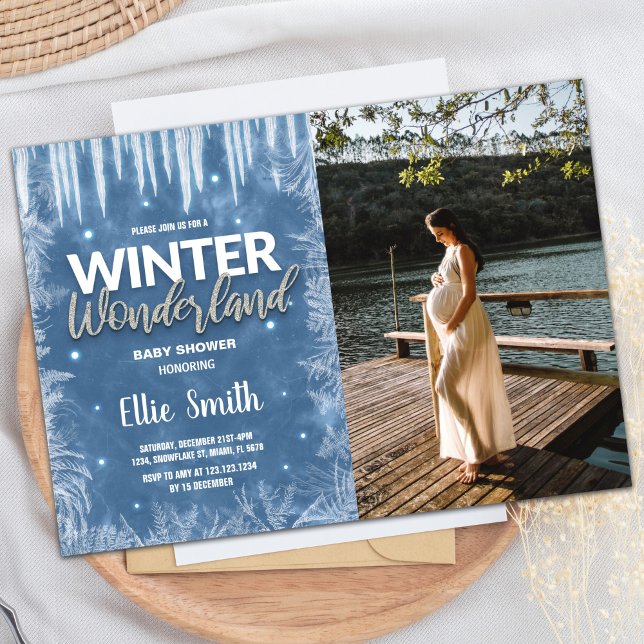 Convite Incêndios De Bebê De Inverno Foto Com Glitter De G (Winter Baby Shower Invitations Ice Glitter Photo)