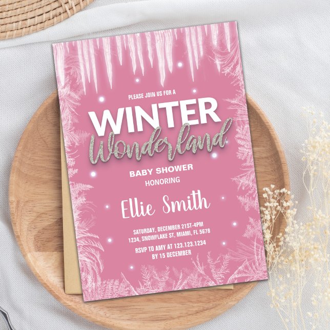 Convite Incêndios De Bebê De Inverno Glitas De Gelo Rosa (Winter Baby Shower Invitations Ice Glitter Pink)