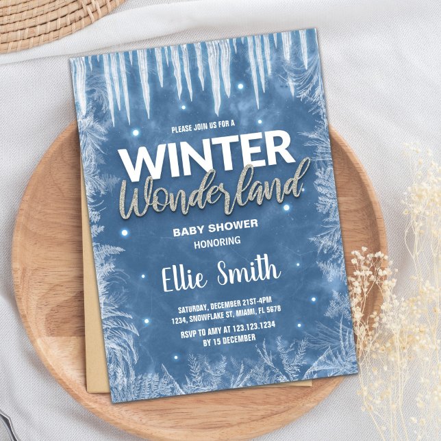 Convite Incêndios De Bebê De Inverno Ice Gliter Silver (Winter Baby Shower Invitations Ice Glitter Silver)