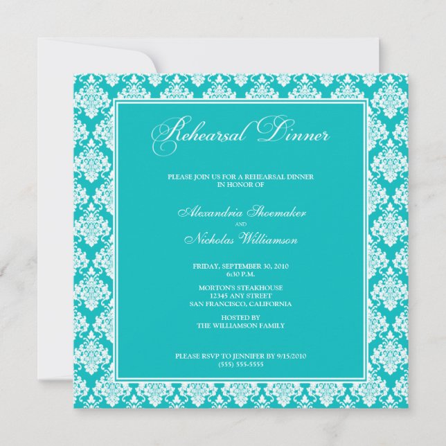 Convite Incrível Janto de ensaio de Damask (aqua) (Frente)