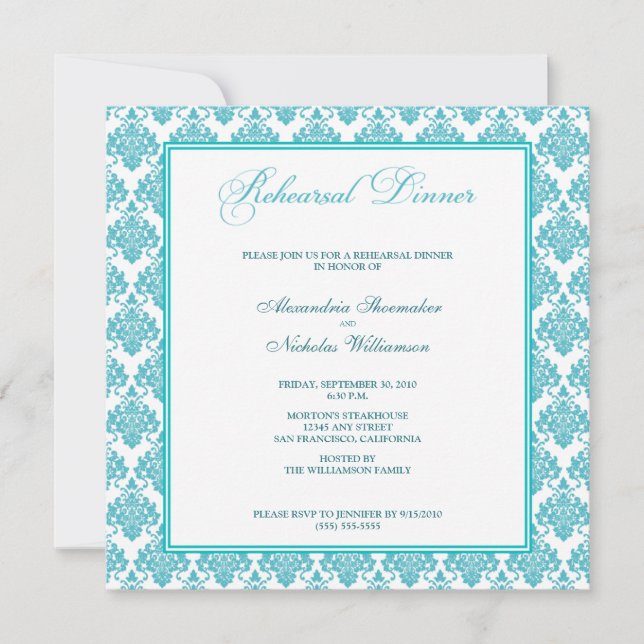 Convite Incrível Janto de ensaio de Damask (aqua) (Frente)