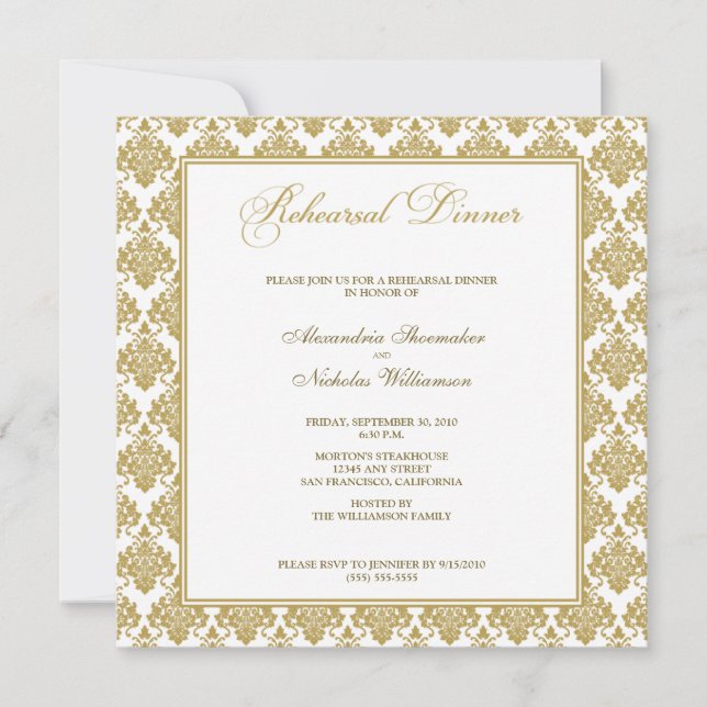 Convite Incrível Janto de ensaio de Damask (ouro) (Frente)