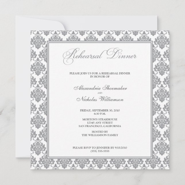 Convite Incrível Janto de ensaio de Damask (prata) (Frente)