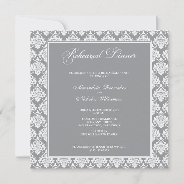 Convite Incrível Janto de ensaio de Damask (prata) (Frente)