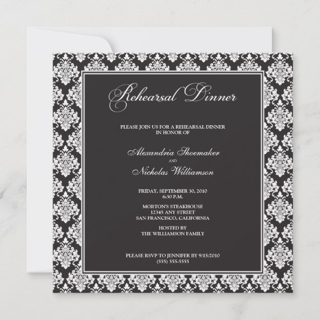 Convite Incrível Janto de ensaio de Damask (preto) (Frente)