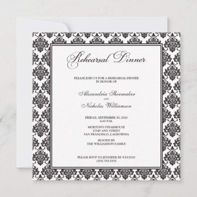 Convite Incrível Janto de ensaio de Damask (preto) (Frente)