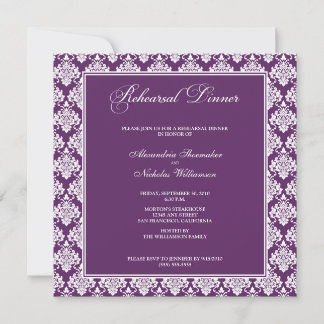 Convite Incrível Janto de ensaio de Damask (roxo) (Frente)