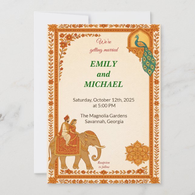 Convite Indian Elephant & Peacock Floral Wedding Invitatio (Frente)
