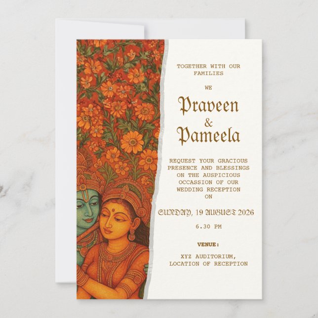 Convite Indian invitation with Radhakrishna Mural painting (Frente)