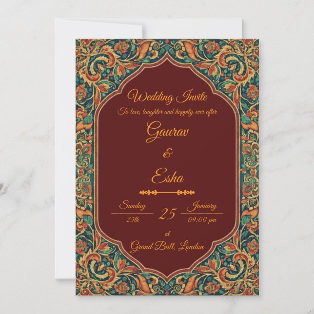 Convite Indian Wedding Invitation (Mughal Version) (Frente)
