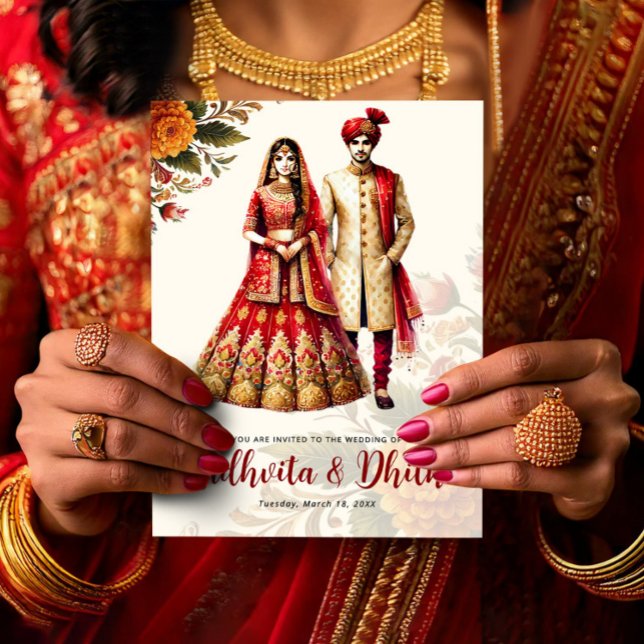 Convite Indian Wedding with Traditional Bride & Groom (Indian Wedding with Traditional Bride & Groom Invitation, Hindu Wedding Card)