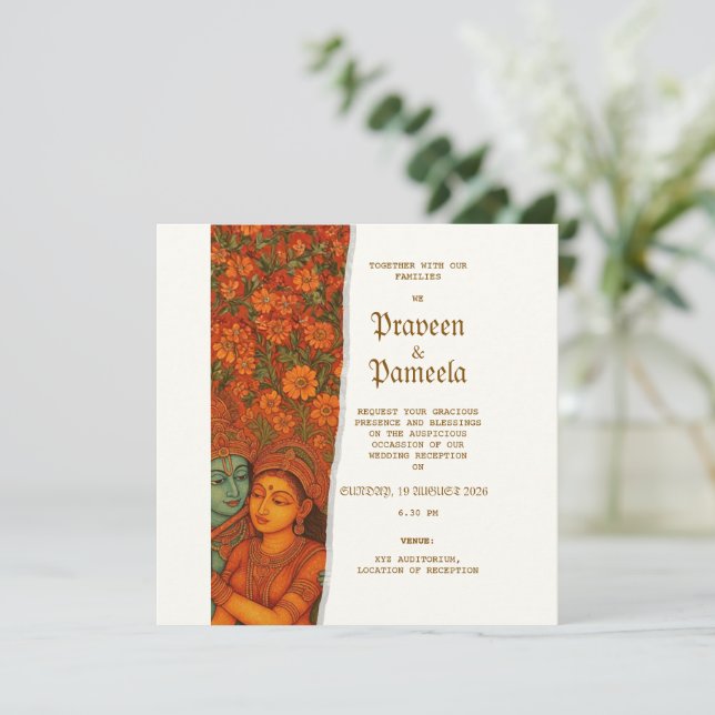 Convite indiano com pintura mural de Radhakrishna (Em pé/Frente)