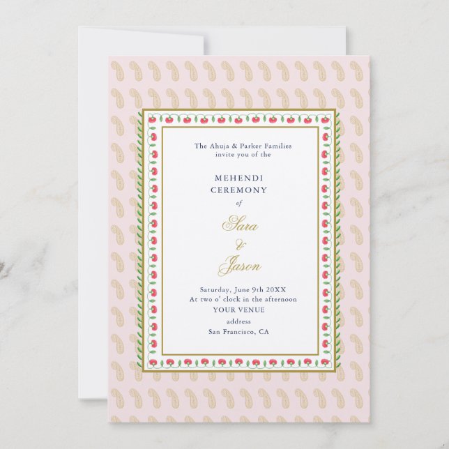 Convite Indígena da Cerimônia Mehendi rosa e Dourada (Frente)