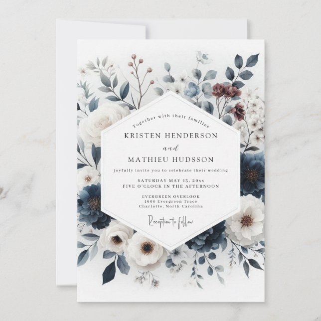 Convite Indigo Artful Bouquet Wedding (Frente)