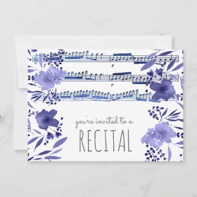 Convite índigo azul aquarela flores musicais (Frente)
