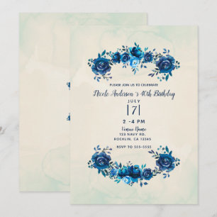 Convite Indigo Azul Bege Flores Aquarela Aniversário