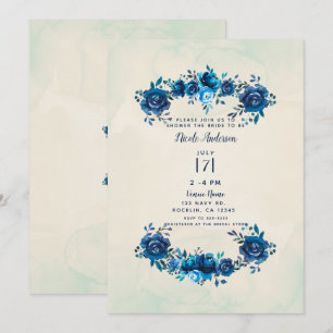 Convite Indigo Azul Bege Flores Aquarela Chá de Noiva