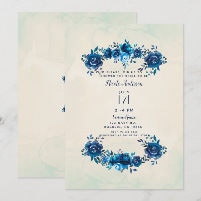 Convite Índigo Azul Bege Flores Aquarela Chá de Noiva (Frente/Verso)