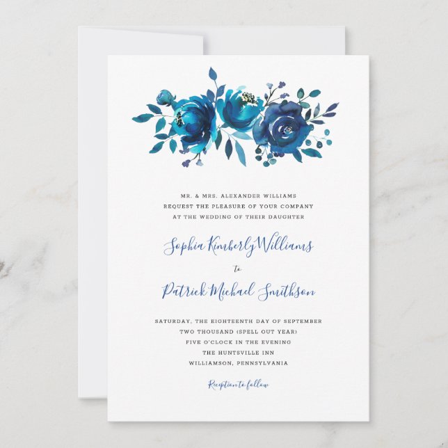 Convite Indigo Blue Floral + texto tradicional do casament (Frente)
