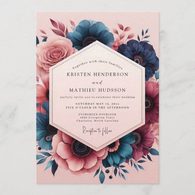 Convite Indigo Blush Painterly Bloom Wedding (Frente)