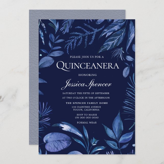 Convite Indigo e Marinho Blue Leaf Floral Quinceanera Conv (Frente/Verso)