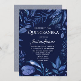 Convite Indigo e Marinho Blue Leaf Floral Quinceanera Conv