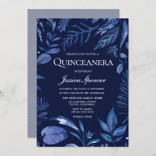 Convite Indigo e Marinho Blue Leaf Floral Quinceanera Conv
