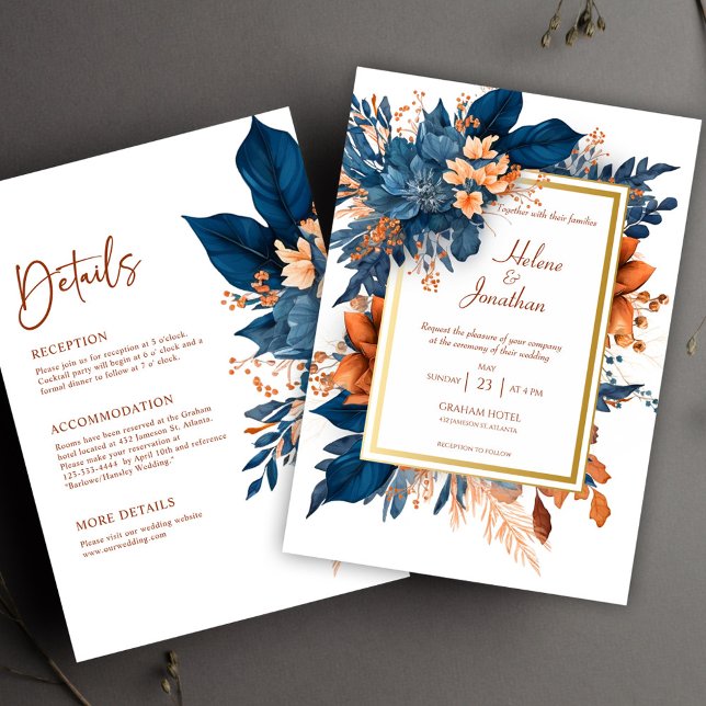 Convite Indígo Elegante Pruga Tudo Em Um Casamento (Elegant Indigo Rust All In One Wedding Invitation)