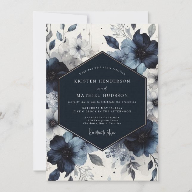 Convite Indigo Floral Moody Romance Wedding (Frente)
