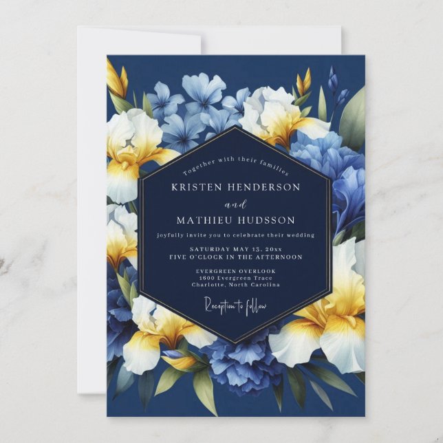 Convite Indigo Golden Iris Bloom Wedding (Frente)