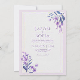 Convite Indigo Leaf Watercolor Lavender Gold Frame Wedding