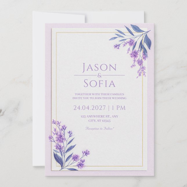 Convite Indigo Leaf Watercolor Lavender Gold Frame Wedding (Frente)